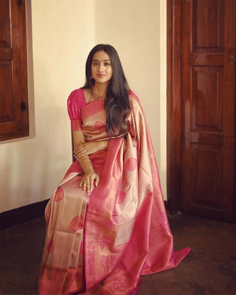 Malishka Jacquard Lichi Silk Pink Saree With Unstitched Blouse Piece - Distacart