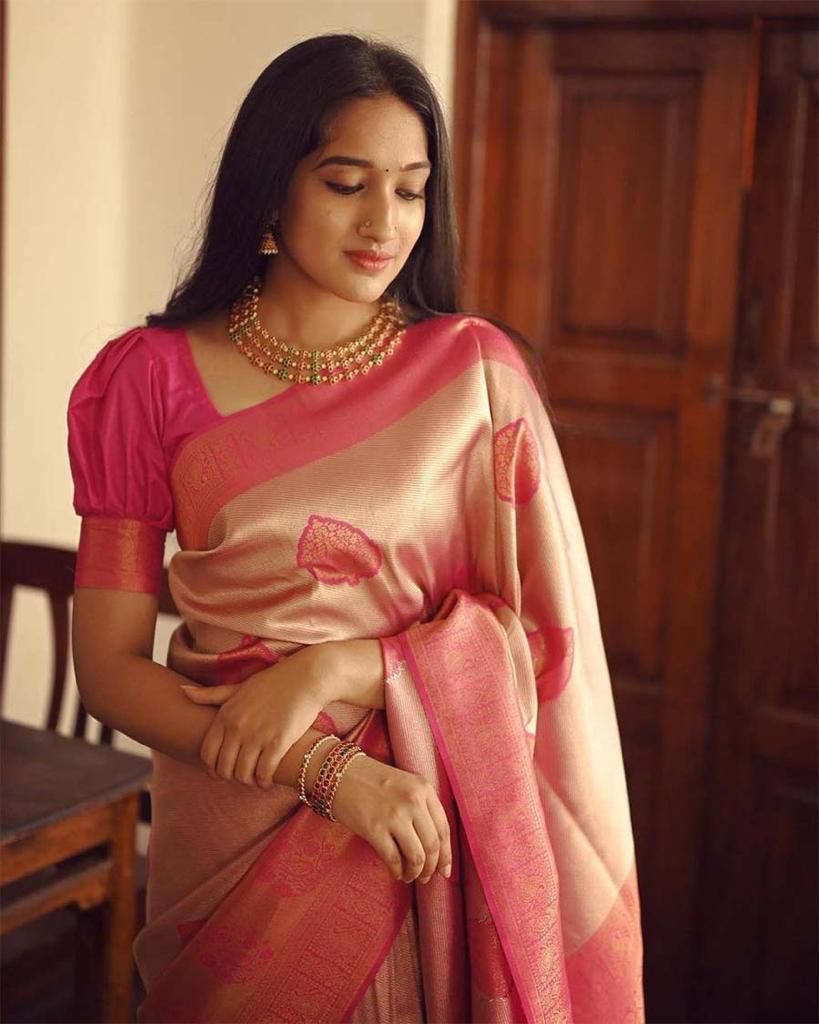 Malishka Jacquard Lichi Silk Pink Saree With Unstitched Blouse Piece - Distacart
