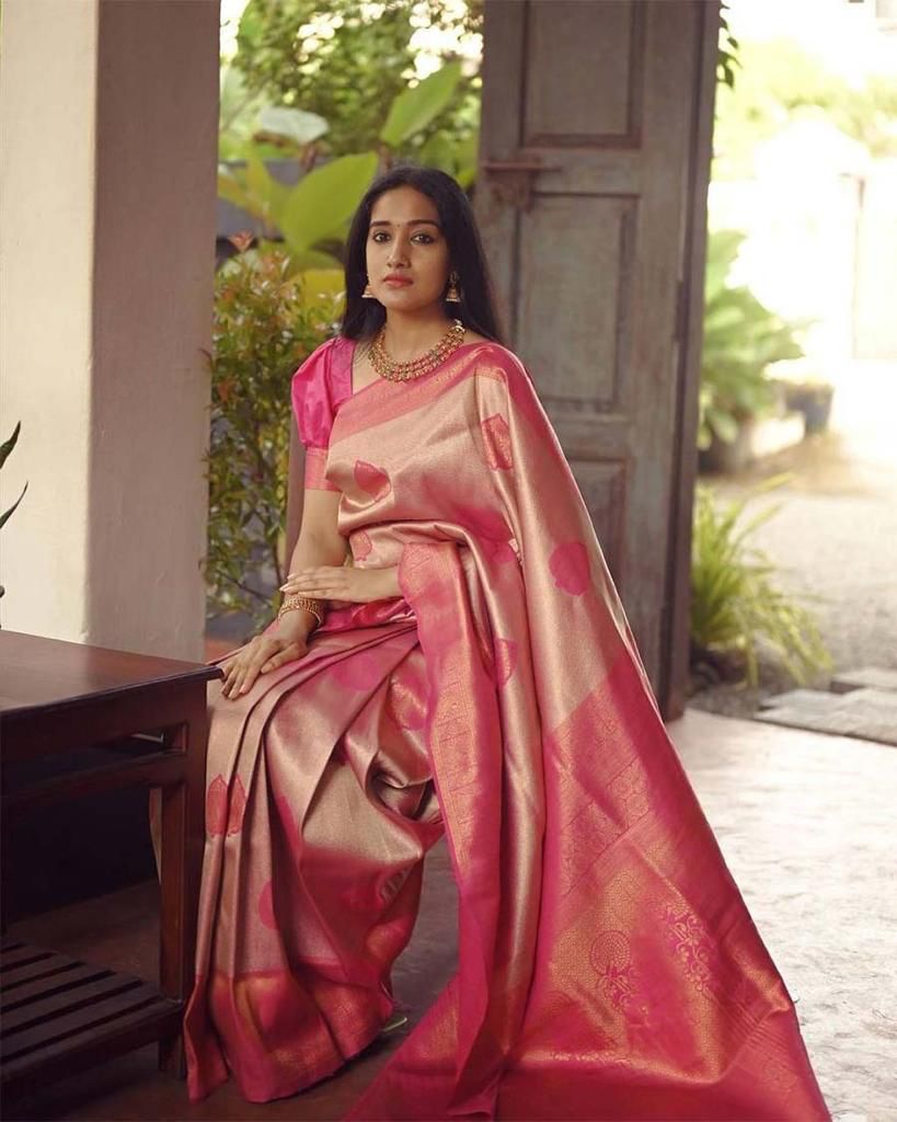 Malishka Jacquard Lichi Silk Pink Saree With Unstitched Blouse Piece - Distacart