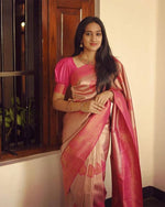 Thumbnail for Malishka Jacquard Lichi Silk Pink Saree With Unstitched Blouse Piece - Distacart