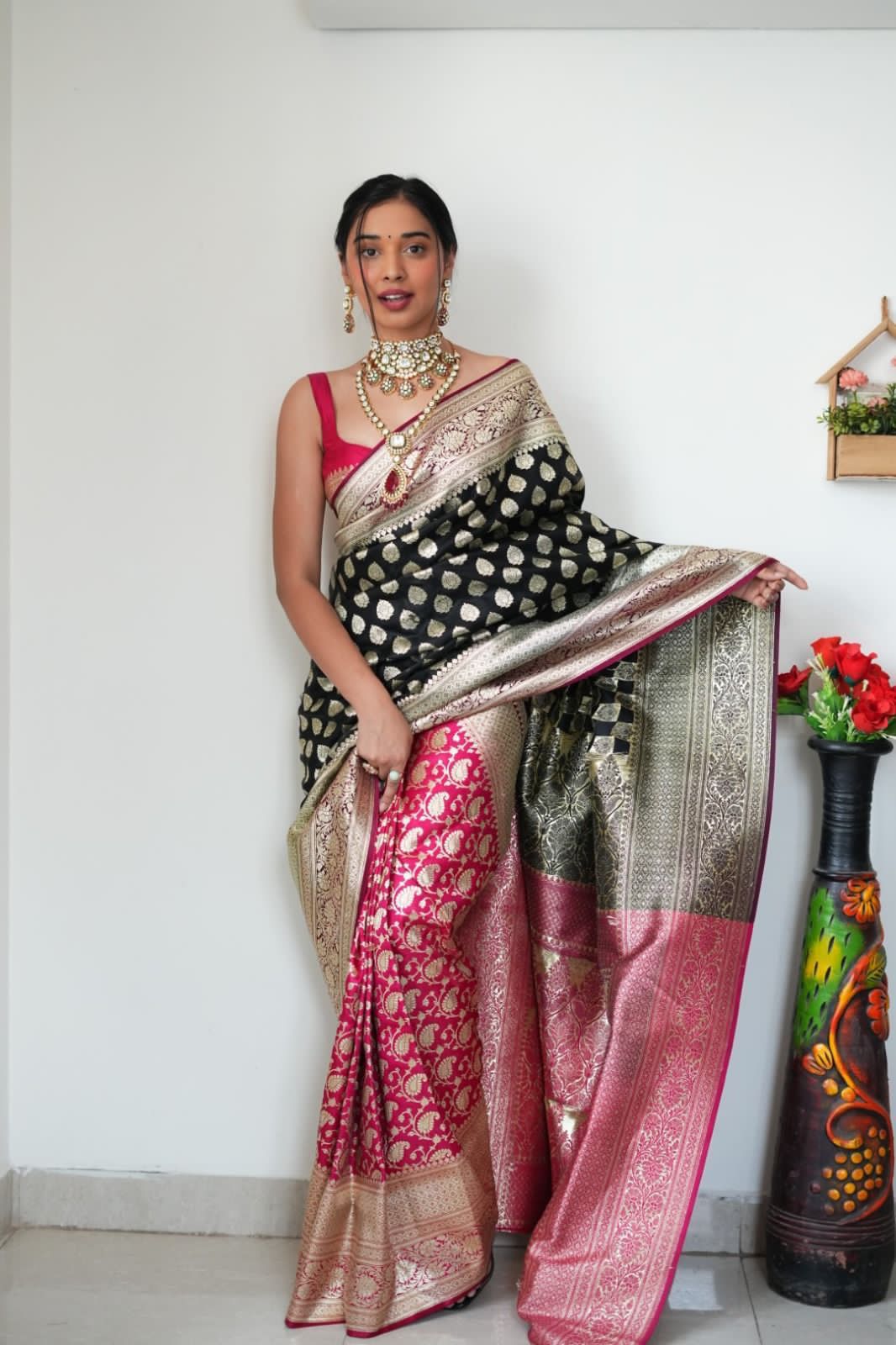 NOZ2TOZ Jacquard Linen Cotton Black Saree With Unstitched Blouse Piece - Distacart