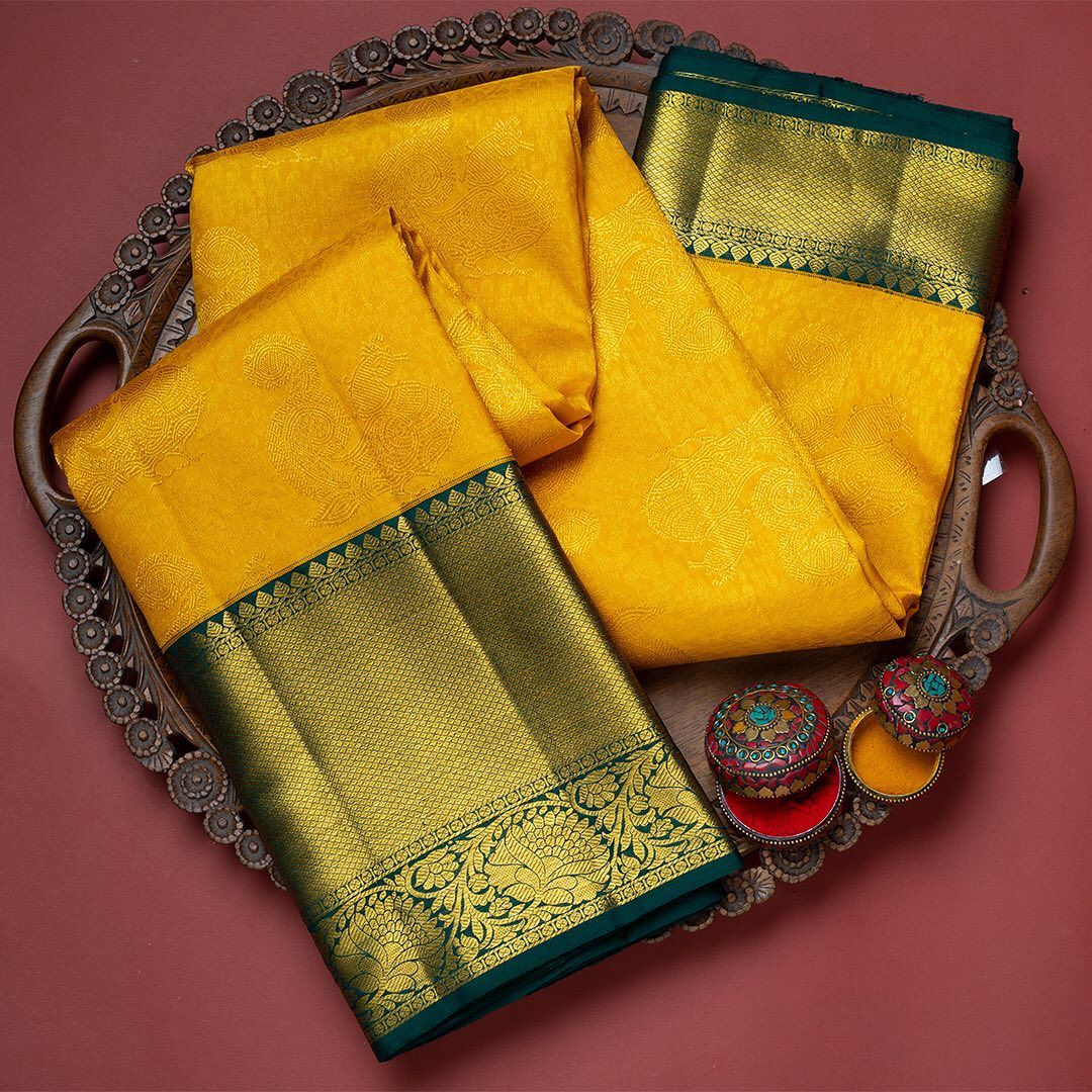 NOZ2TOZ Jacquard Lichi Silk Yellow Saree With Unstitched Blouse Piece - Distacart