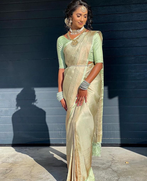 Malishka Jacquard Lichi Silk Pista Saree With Unstitched Blouse Piece - Distacart