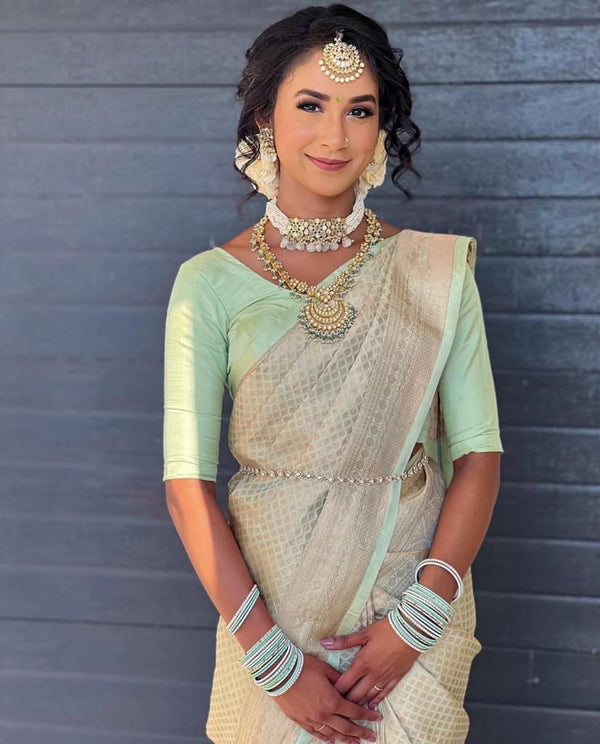 Malishka Jacquard Lichi Silk Pista Saree With Unstitched Blouse Piece - Distacart
