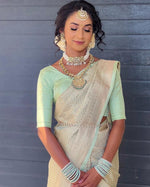 Thumbnail for Malishka Jacquard Lichi Silk Pista Saree With Unstitched Blouse Piece - Distacart