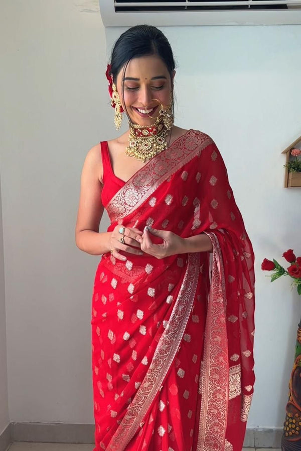 NOZ2TOZ Weaving Linen Red Saree With Unstitched Blouse Piece - Distacart