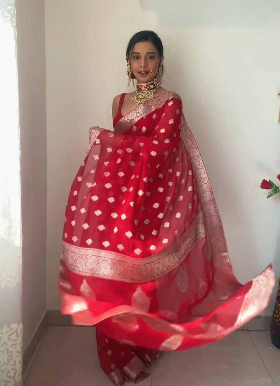NOZ2TOZ Weaving Linen Red Saree With Unstitched Blouse Piece - Distacart