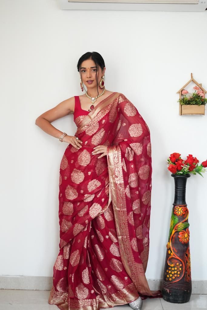 NOZ2TOZ Weaving Linen Red Saree With Unstitched Blouse Piece - Distacart