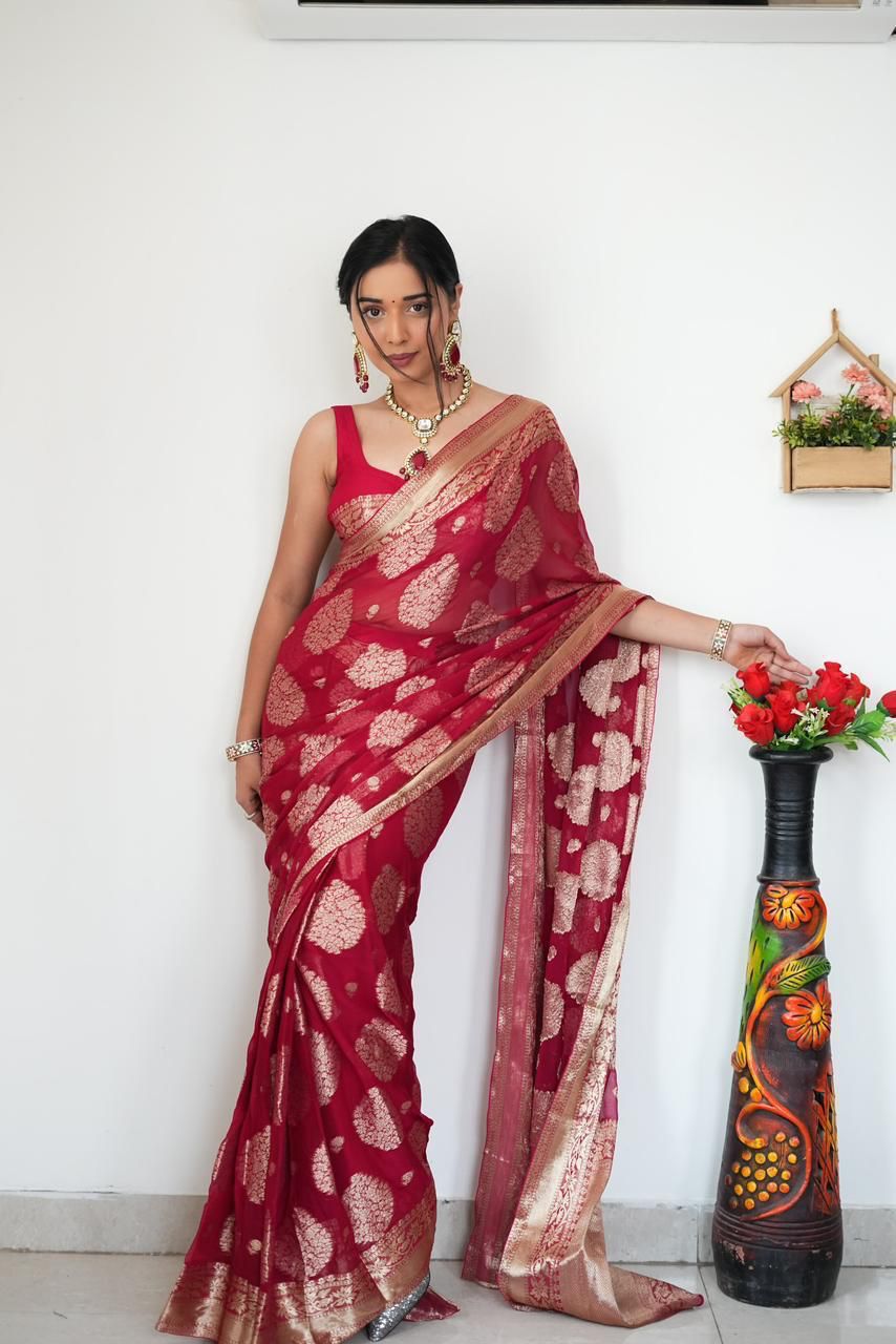 NOZ2TOZ Weaving Linen Red Saree With Unstitched Blouse Piece - Distacart