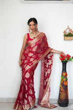 Thumbnail for NOZ2TOZ Weaving Linen Red Saree With Unstitched Blouse Piece - Distacart