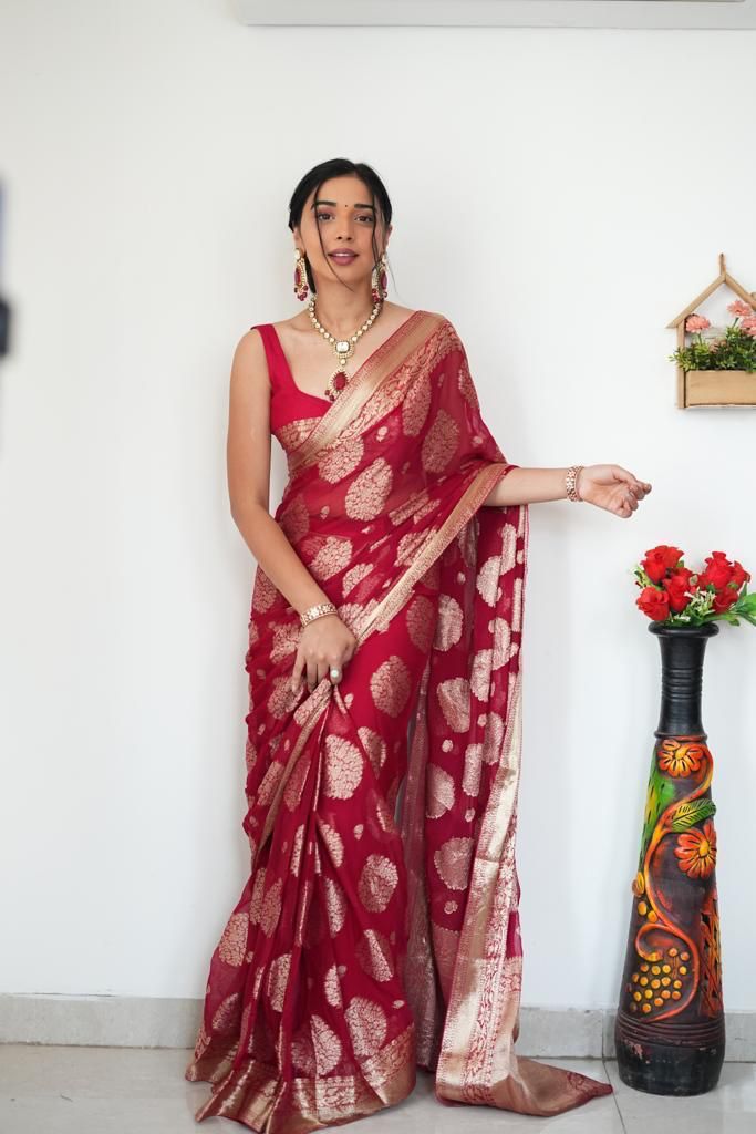 NOZ2TOZ Weaving Linen Red Saree With Unstitched Blouse Piece - Distacart