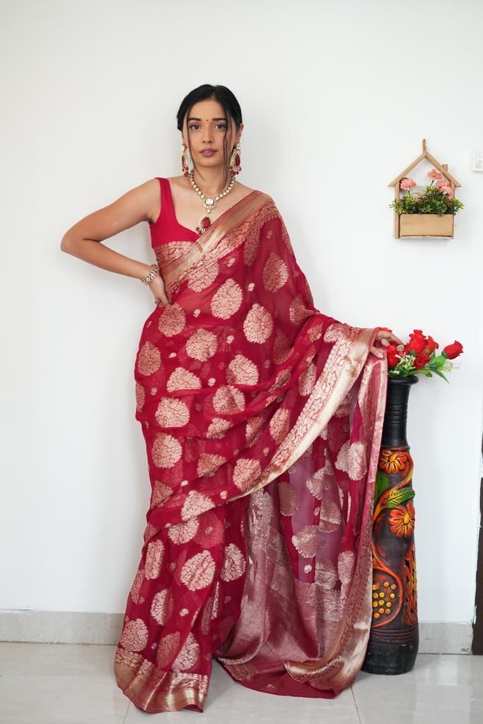 NOZ2TOZ Weaving Linen Red Saree With Unstitched Blouse Piece - Distacart