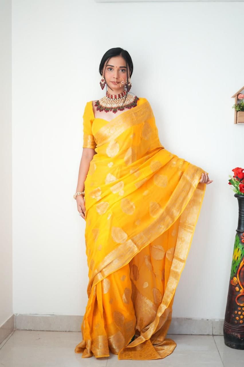 NOZ2TOZ Weaving Linen Yellow Saree With Unstitched Blouse Piece - Distacart