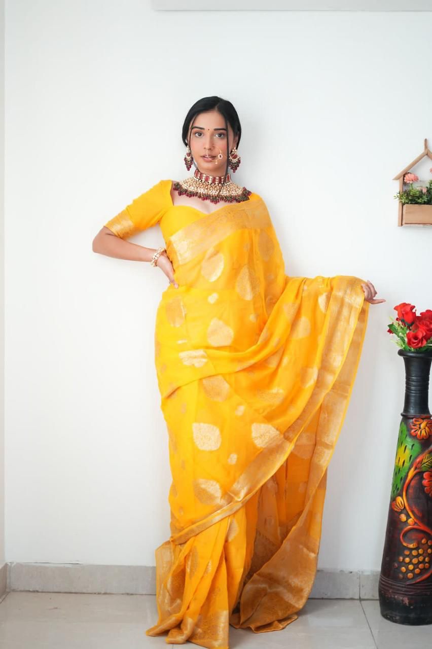 NOZ2TOZ Weaving Linen Yellow Saree With Unstitched Blouse Piece - Distacart