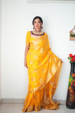 Thumbnail for NOZ2TOZ Weaving Linen Yellow Saree With Unstitched Blouse Piece - Distacart