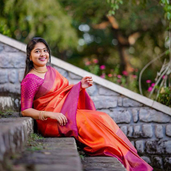 Malishka Jacquard Lichi Silk Orange Saree With Unstitched Blouse Piece - Distacart