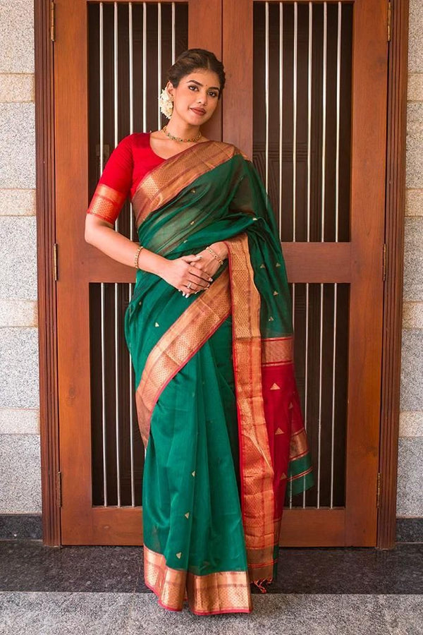 Malishka Jacquard Lichi Silk Green Saree With Unstitched Blouse Piece - Distacart