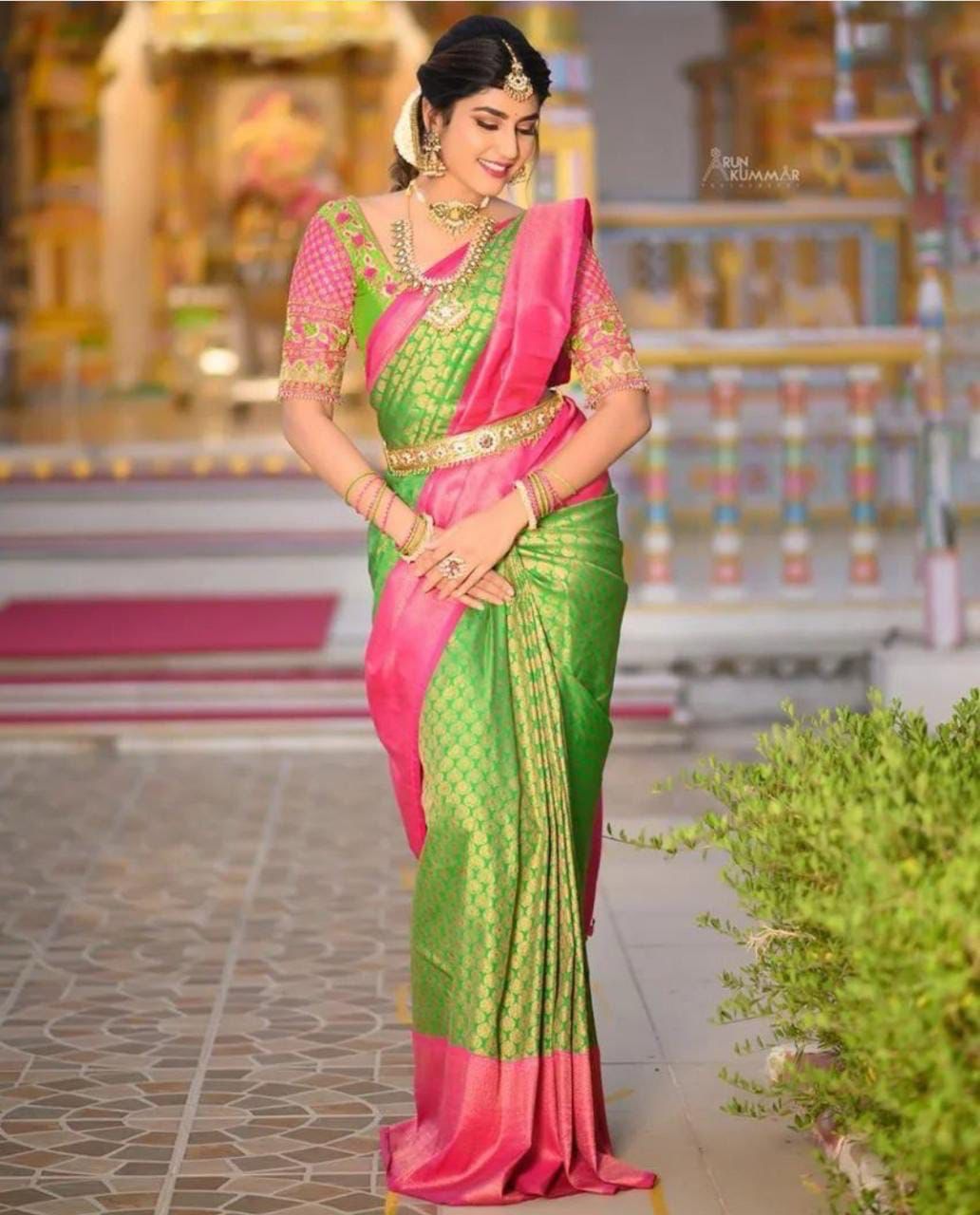 NOZ2TOZ Jacquard Lichi Silk Green Saree With Unstitched Blouse Piece - Distacart