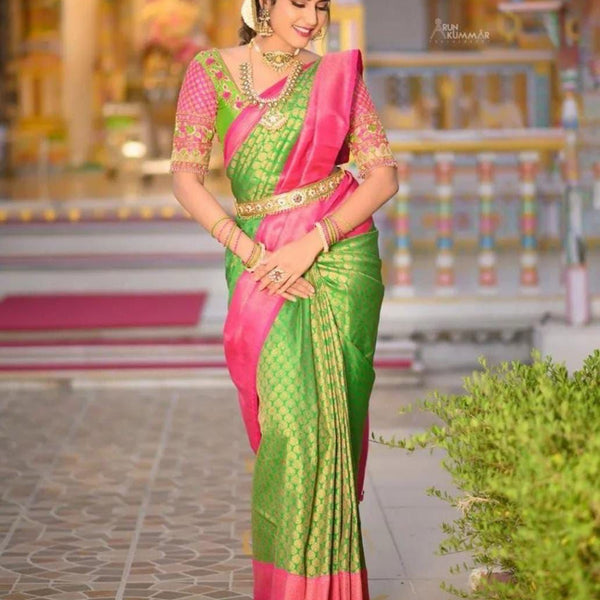 NOZ2TOZ Jacquard Lichi Silk Green Saree With Unstitched Blouse Piece - Distacart