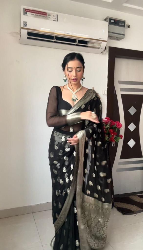 NOZ2TOZ Weaving Linen Black Saree With Unstitched Blouse Piece - Distacart