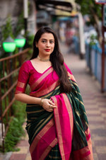 Thumbnail for Malishka Jacquard Lichi Silk Green Saree With Unstitched Blouse Piece - Distacart