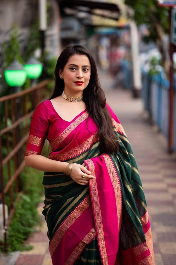 Malishka Jacquard Lichi Silk Green Saree With Unstitched Blouse Piece - Distacart