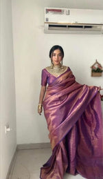 Thumbnail for Malishka Weaving Cotton Silk Purple Saree With Unstitched Blouse Piece - Distacart