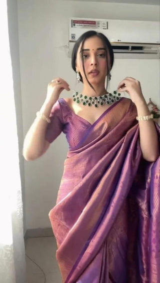 Malishka Weaving Cotton Silk Purple Saree With Unstitched Blouse Piece - Distacart