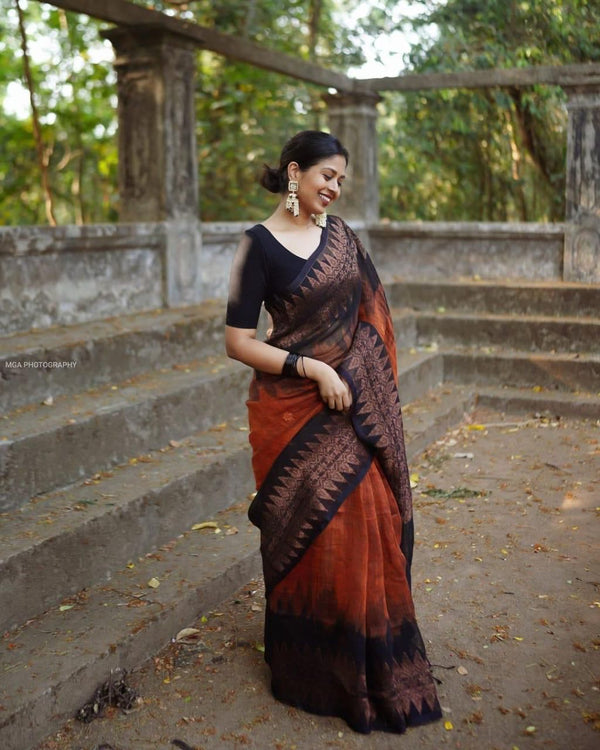 Malishka Weaving Linen Slub Orange Saree With Unstitched Blouse Piece - Distacart