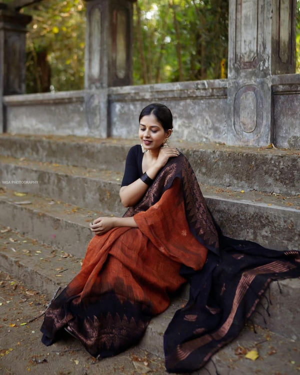 Malishka Weaving Linen Slub Orange Saree With Unstitched Blouse Piece - Distacart