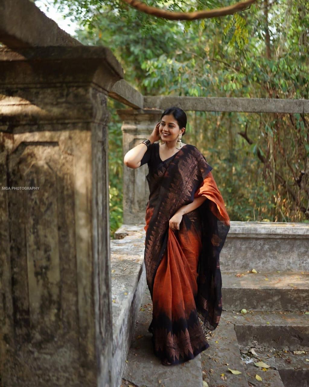 Malishka Weaving Linen Slub Orange Saree With Unstitched Blouse Piece - Distacart