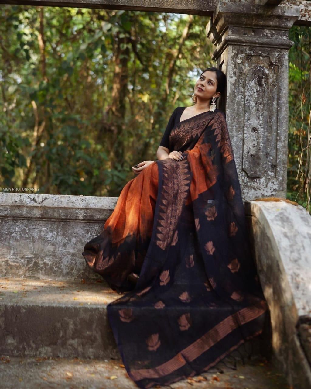 Malishka Weaving Linen Slub Orange Saree With Unstitched Blouse Piece - Distacart