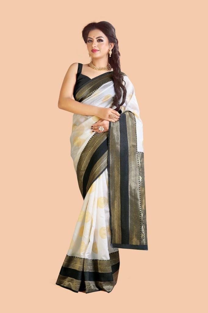 NOZ2TOZ Jacquard Lichi Silk White Saree With Unstitched Blouse Piece - Distacart