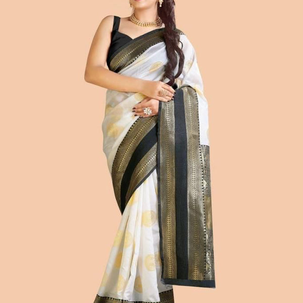 NOZ2TOZ Jacquard Lichi Silk White Saree With Unstitched Blouse Piece - Distacart