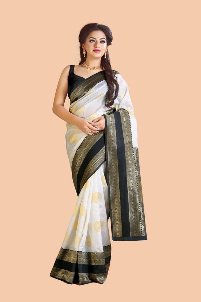 NOZ2TOZ Jacquard Lichi Silk White Saree With Unstitched Blouse Piece - Distacart