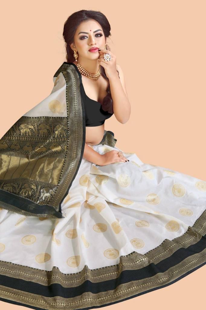 NOZ2TOZ Jacquard Lichi Silk White Saree With Unstitched Blouse Piece - Distacart