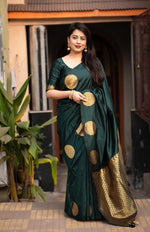 Thumbnail for Malishka Jacquard Lichi Silk Dark Green Saree With Unstitched Blouse Piece - Distacart