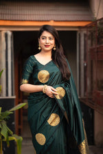 Thumbnail for Malishka Jacquard Lichi Silk Dark Green Saree With Unstitched Blouse Piece - Distacart