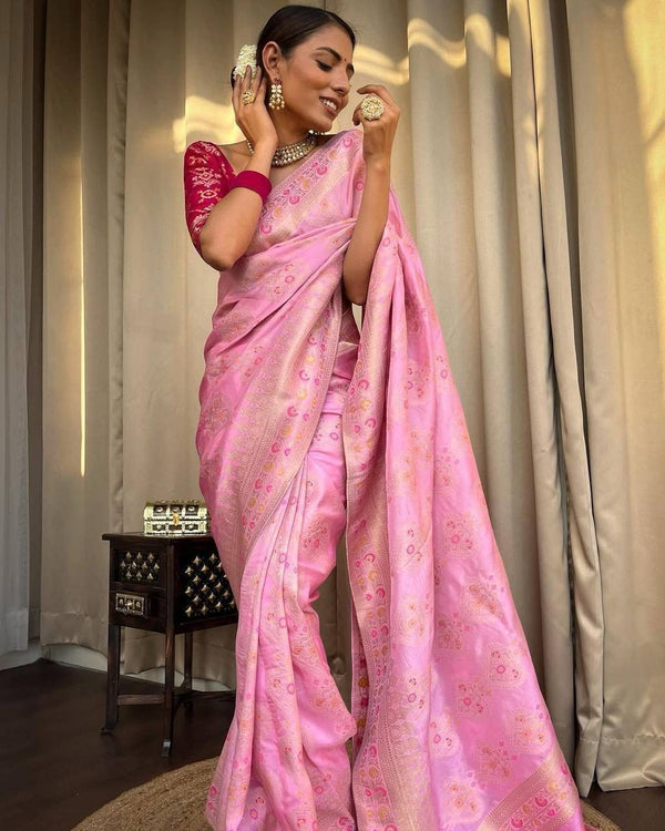 Malishka Jacquard Lichi Silk Pink Saree With Unstitched Blouse Piece - Distacart
