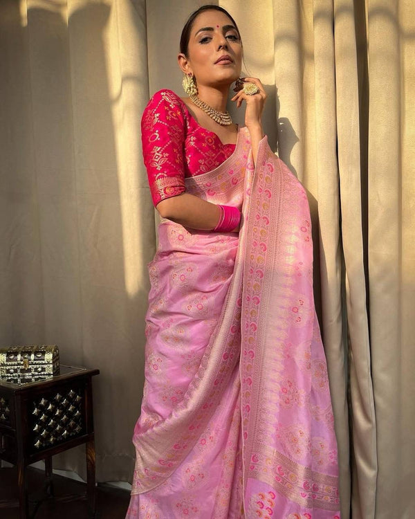 Malishka Jacquard Lichi Silk Pink Saree With Unstitched Blouse Piece - Distacart