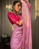 Thumbnail for Malishka Jacquard Lichi Silk Pink Saree With Unstitched Blouse Piece - Distacart