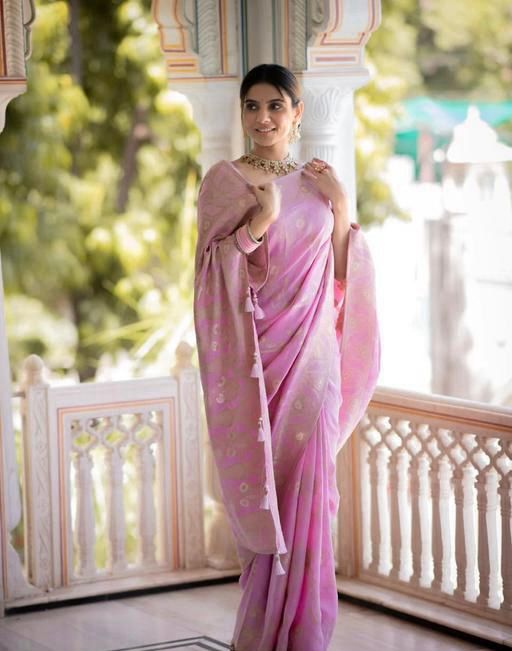 Malishka Jacquard Lichi Silk Baby Pink Saree With Unstitched Blouse Piece - Distacart