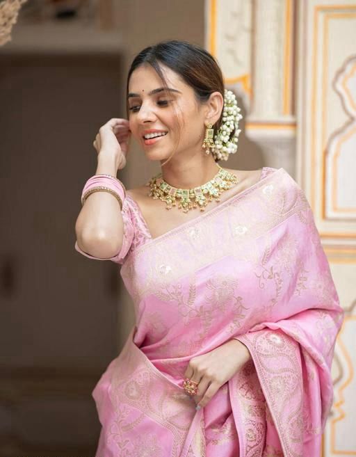 Malishka Jacquard Lichi Silk Baby Pink Saree With Unstitched Blouse Piece - Distacart