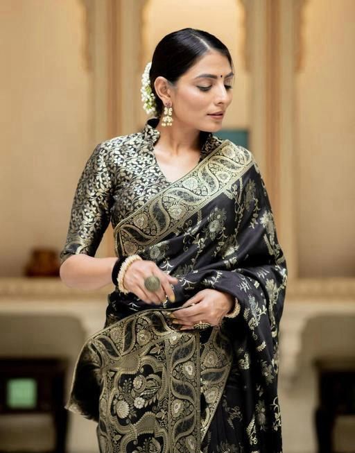 Malishka Jacquard Lichi Silk Black Saree With Unstitched Blouse Piece - Distacart
