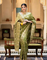 Thumbnail for Malishka Jacquard Lichi Silk Mehendi Saree With Unstitched Blouse Piece - Distacart