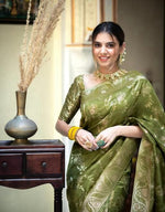 Thumbnail for Malishka Jacquard Lichi Silk Mehendi Saree With Unstitched Blouse Piece - Distacart