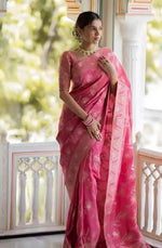 Thumbnail for Malishka Jacquard Lichi Silk Pink Saree With Unstitched Blouse Piece - Distacart