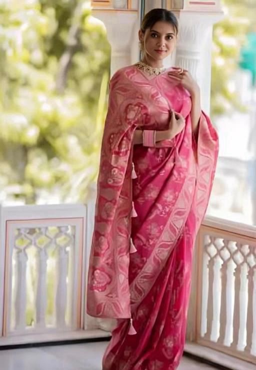 Malishka Jacquard Lichi Silk Pink Saree With Unstitched Blouse Piece - Distacart