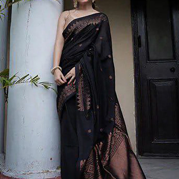 NOZ2TOZ Jacquard Lichi Silk Black Saree With Unstitched Blouse Piece - Distacart