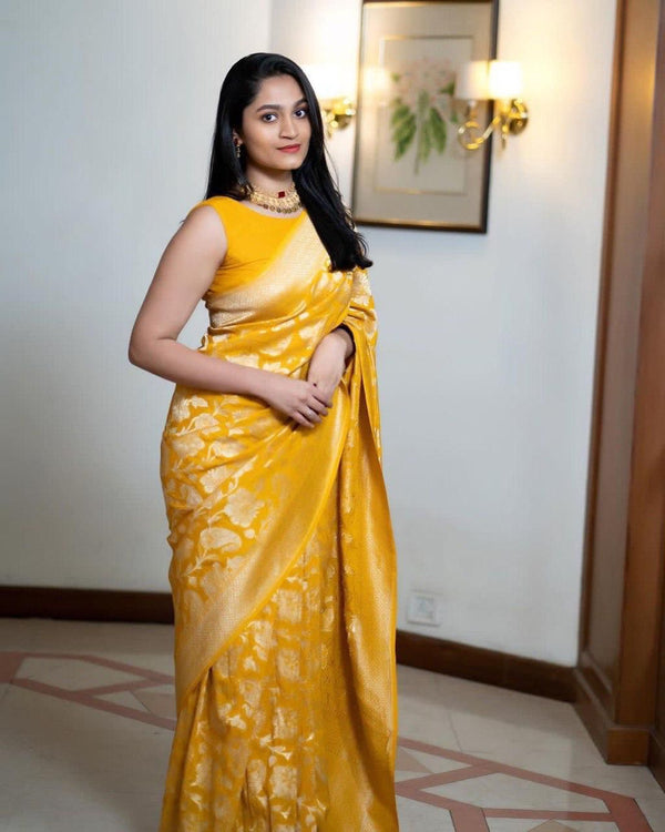 NOZ2TOZ Jacquard Linen Slub Yellow Saree With Unstitched Blouse Piece - Distacart